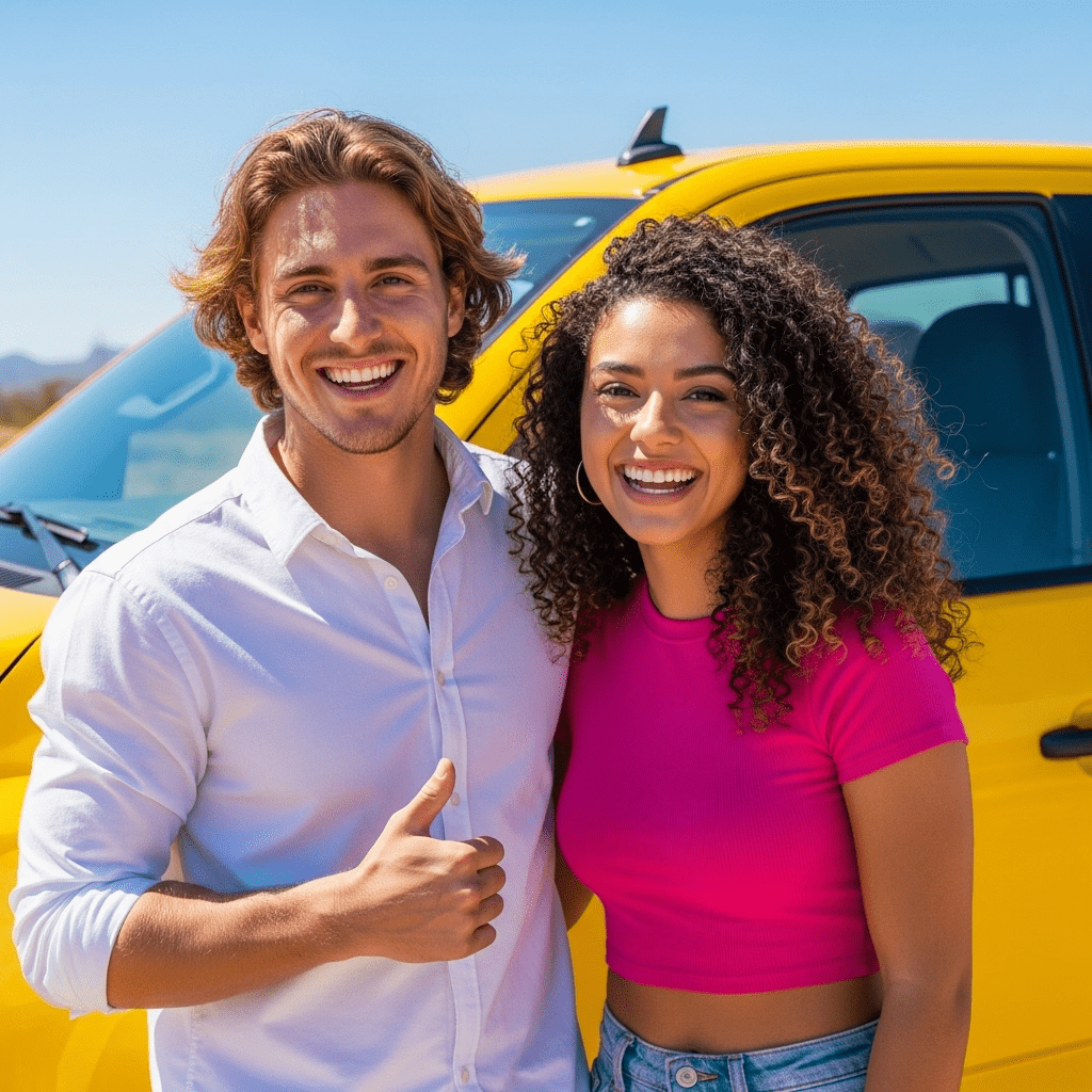 Happy student taking Arizona defensive driving course online in car
